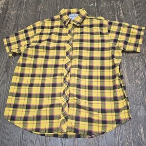 Adobe Rose, woman plaid button shirt short sleeve yellow size XL